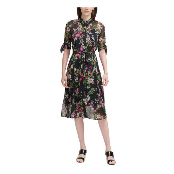 CALVIN KLEIN Womens Black Belted Zippered Unlined Gathered Cap Sleeve Round Neck Above The Knee Fit + Flare Dress main image 0